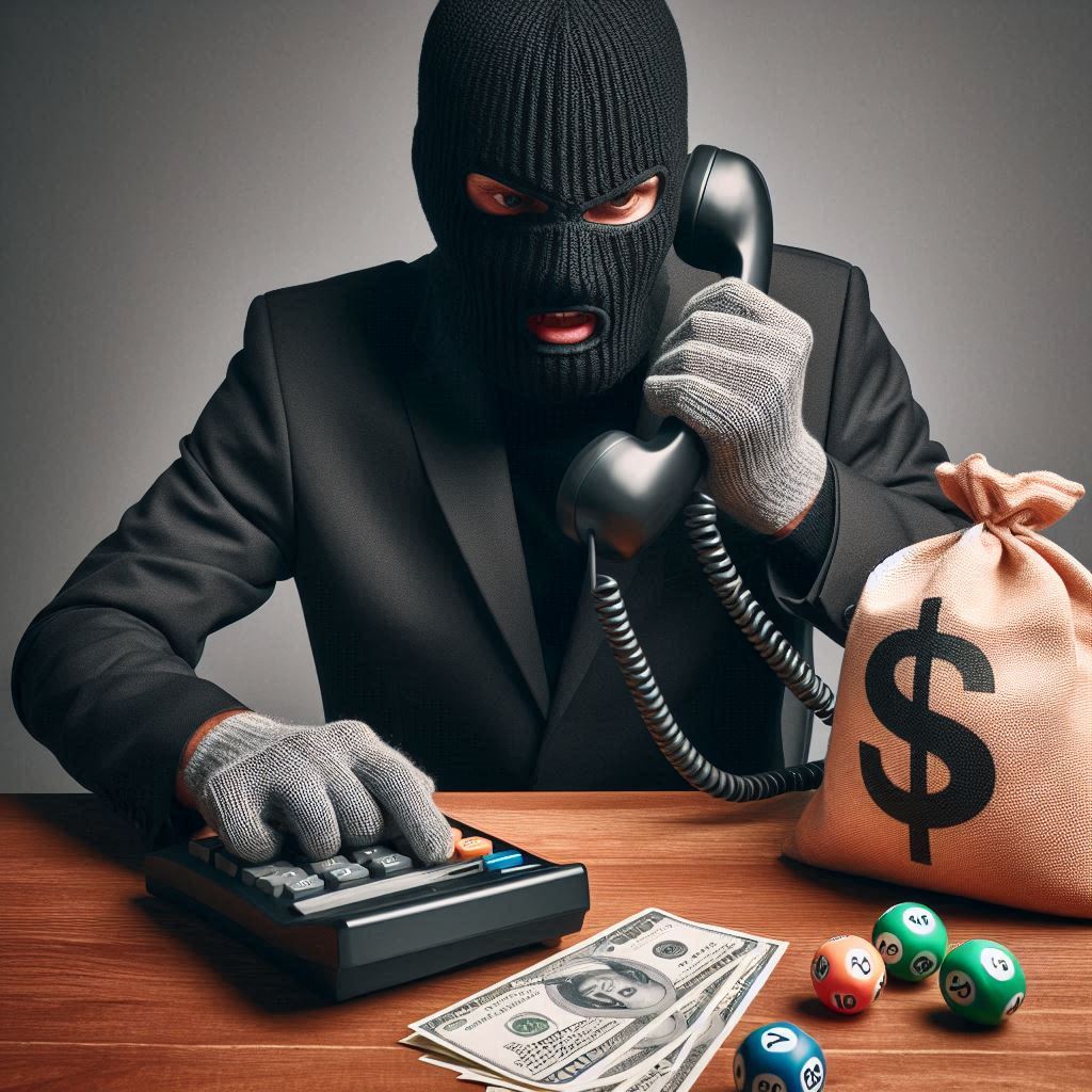 Masked lottery scammer on the phone